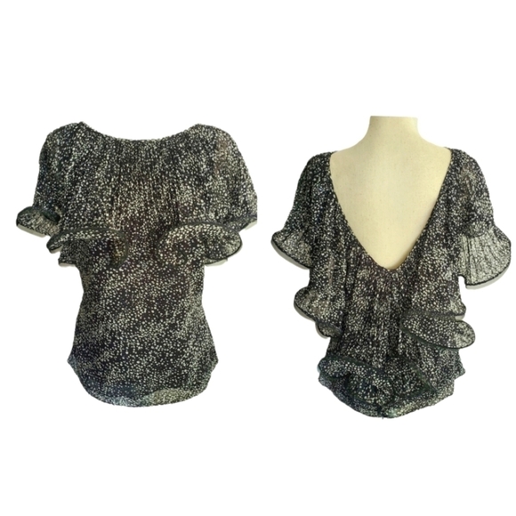 Badgley Mischka Navy Flouncy Mesh Ruffle Sequin Pleated Silk Top - Picture 1 of 10